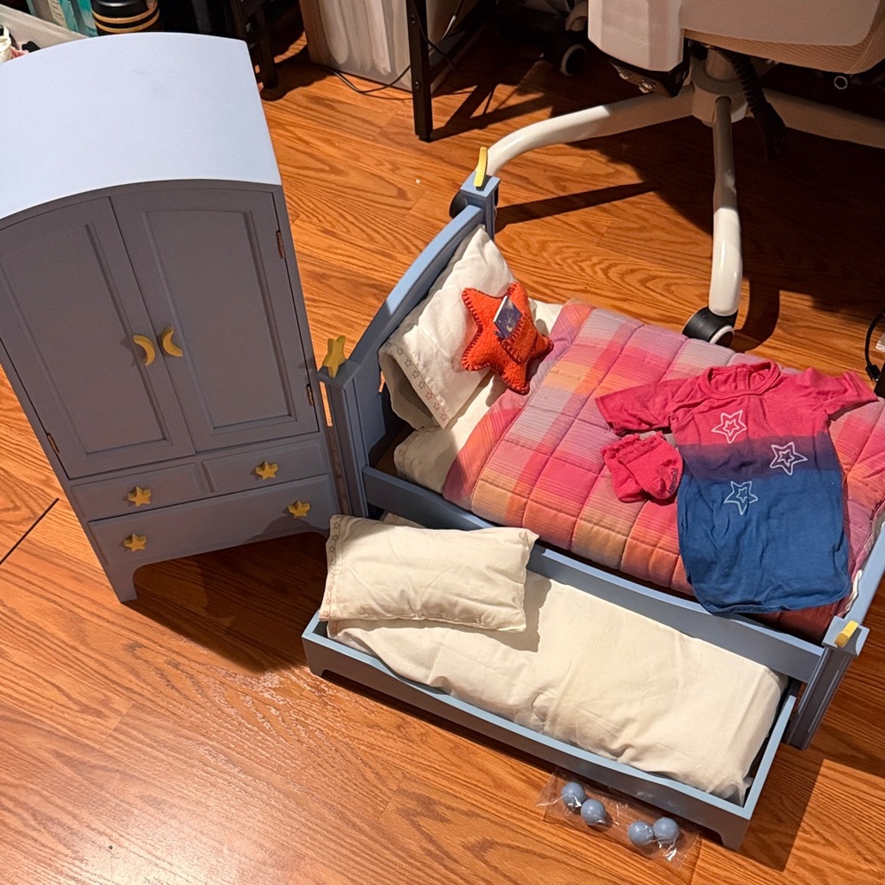 American Girl Star Armoire, Trundle Bed, Bedding Set, and Nightshirt Outfit